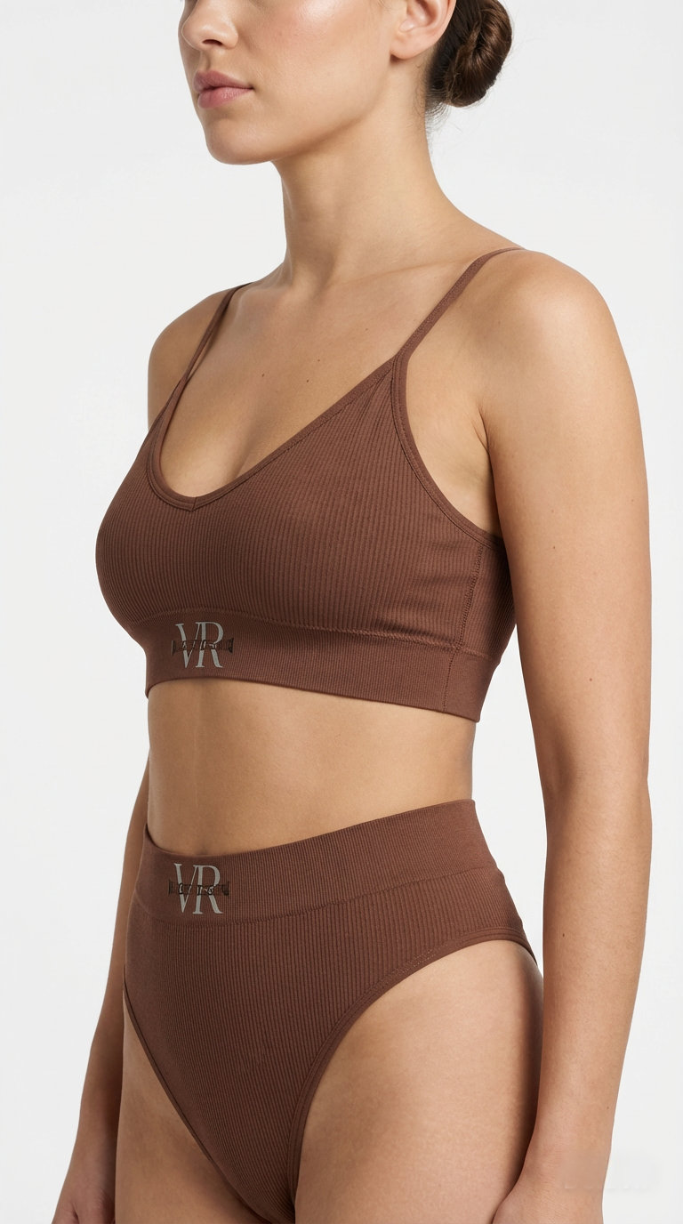 UNDERWEAR RIBBED BRALETTE SET BROWN