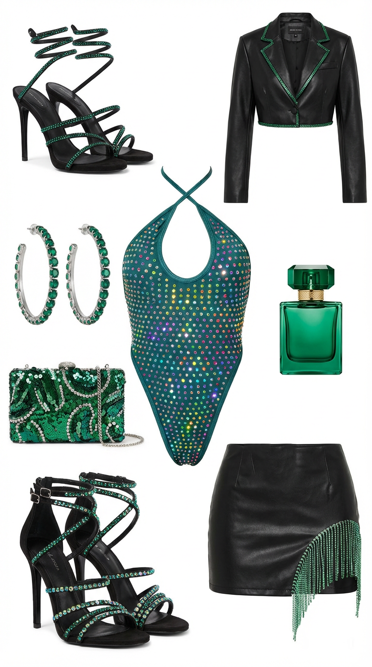 GALAXY GREEN AB RHINESTONES BODYSUIT/SWIMSUIT