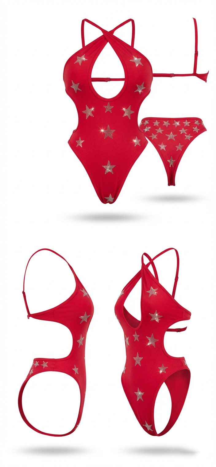 SUPER-STAR RHINESTONES ONE-PIECE RED BODYSUIT