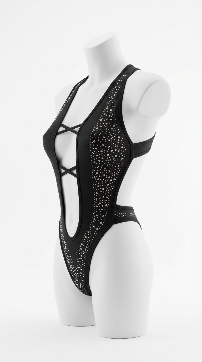 KIM GALAXY BLACK RHINESTONES ONE-PIECE BODYSUIT/SWIMSUIT