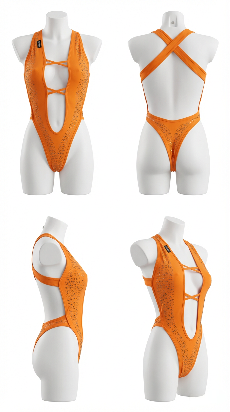 KIM RHINESTONES ONE-PIECE ORANGE BODYSUIT/SWIMSUIT