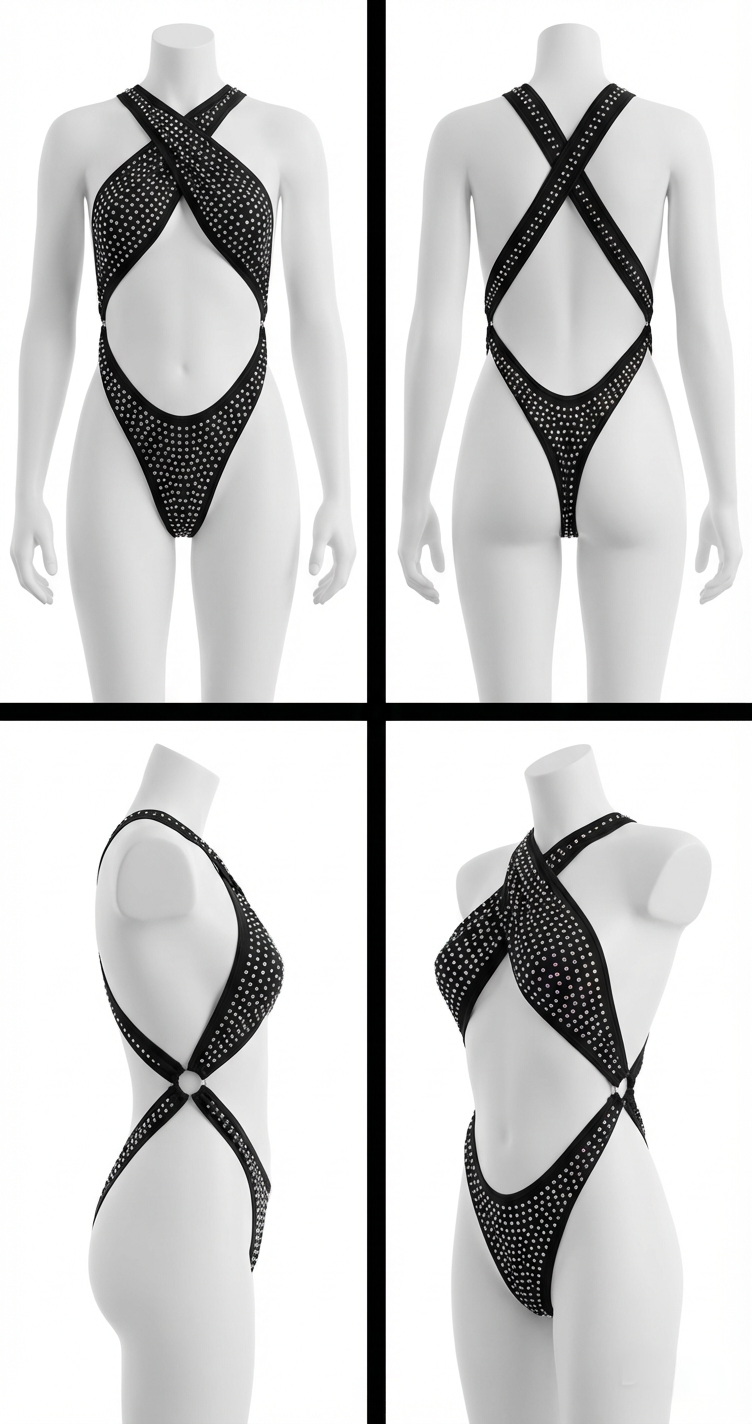 BELLA RHINESTONES  GALAXY BLACK ONE-PIECE SWIMSUIT/BODYSUIT
