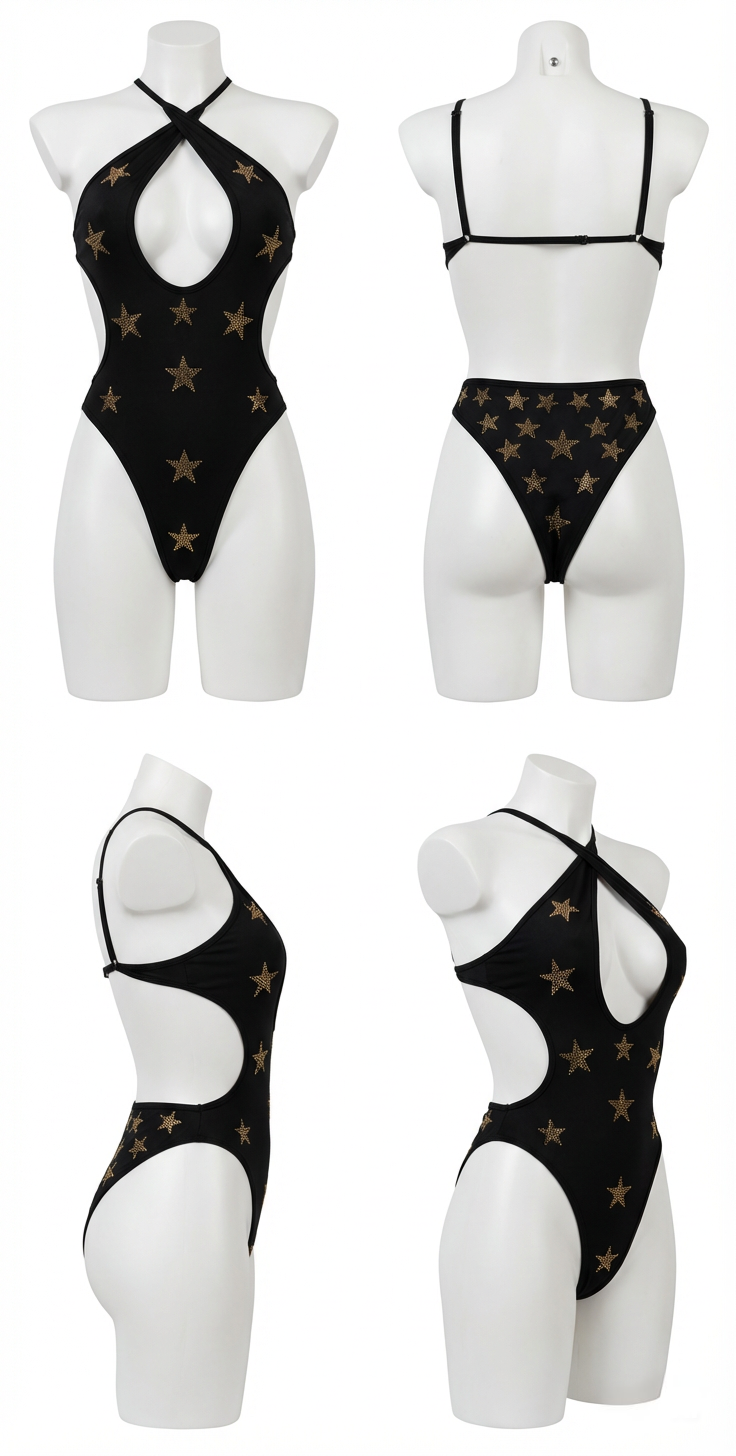 SUPER-STAR RHINESTONES BLACK BODYSUIT/SWIMSUIT