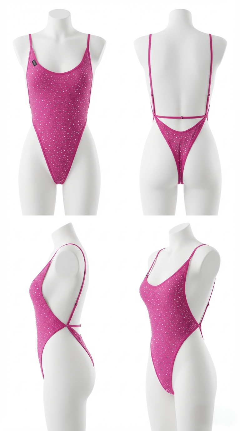 COSMIC FUSHIA RHINESTONES ONE-PIECE BODYSUIT/SWIMSUIT
