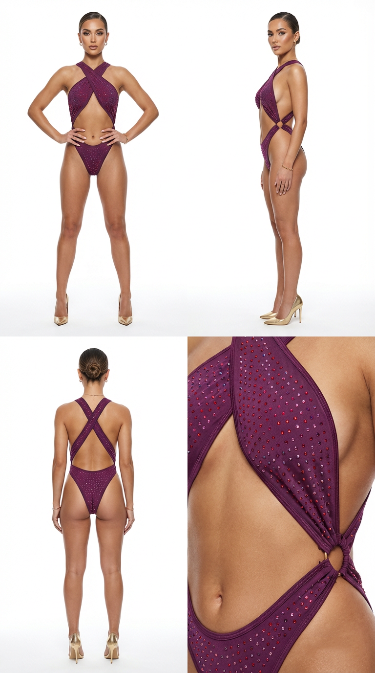 BELLA  RHINESTONES WINE DIVA ONE-PIECE SWIMSUIT/BODYSUIT