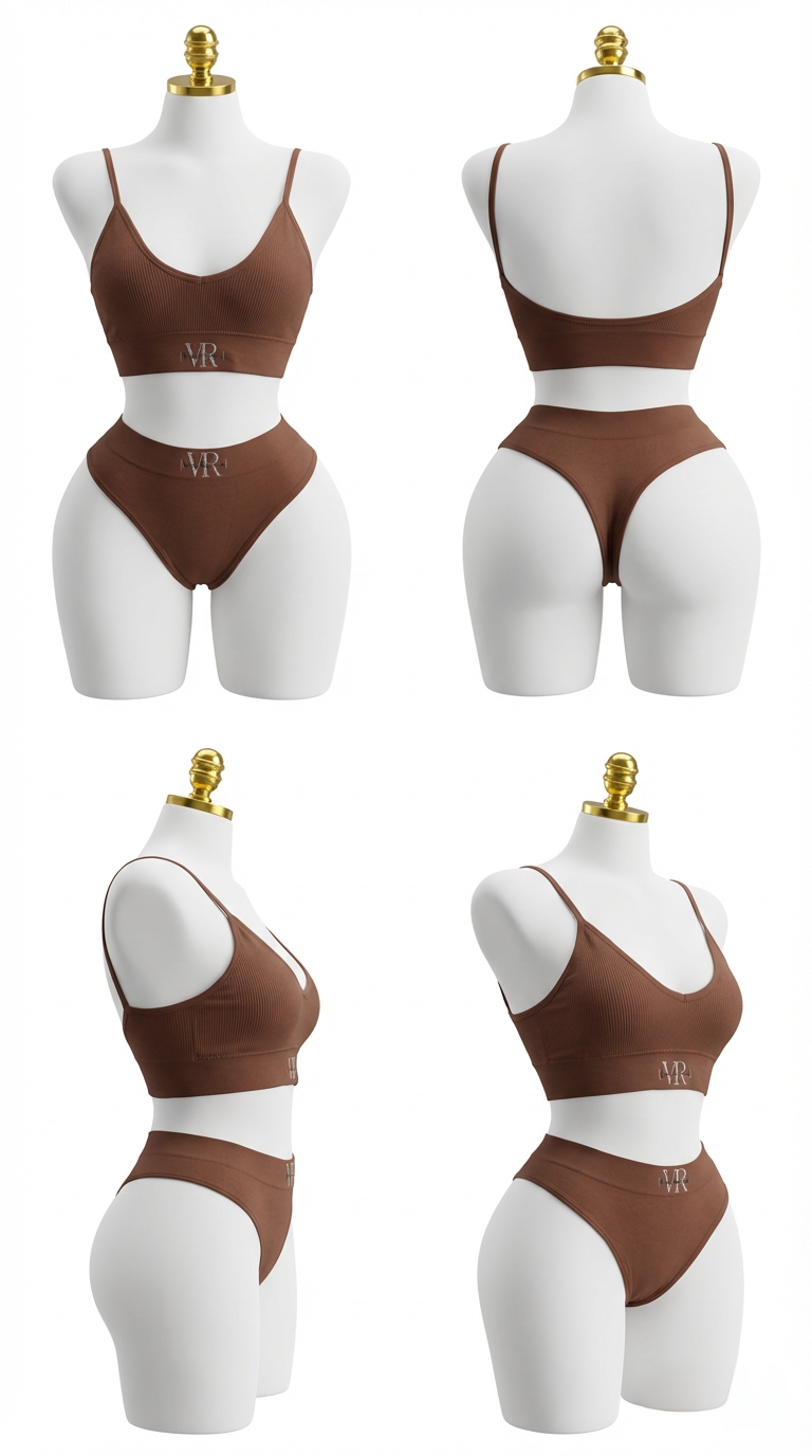 UNDERWEAR RIBBED BRALETTE SET BROWN