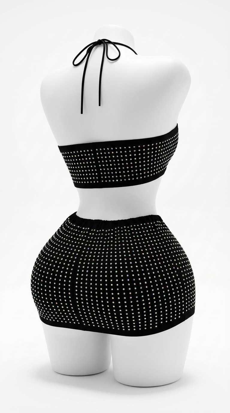 GLAMIX GALAXY BLACK RHINESTONES MINI SKIRTS&TOP SET