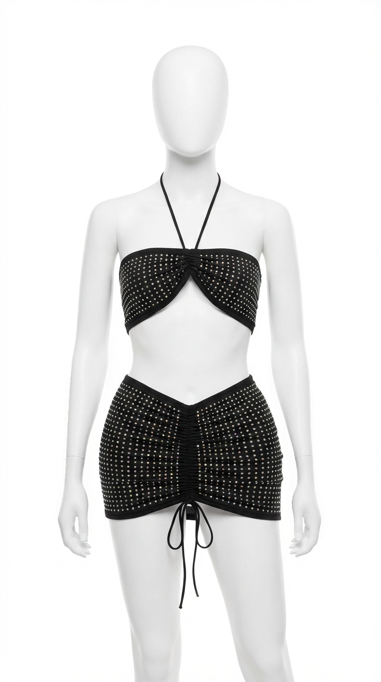 GLAMIX GALAXY BLACK RHINESTONES MINI SKIRTS&TOP SET