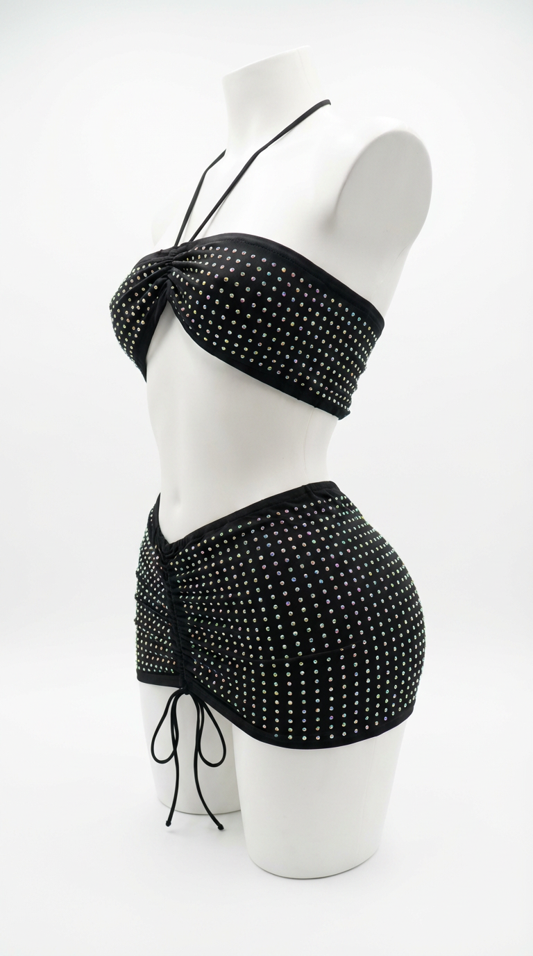 GLAMIX GALAXY BLACK RHINESTONES MINI SKIRTS&TOP SET