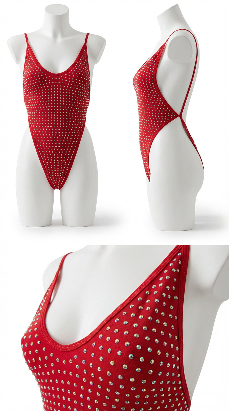 GALAXY RED AB RHINESTONES ONE-PIECE SWIMSUIT/BODYSUIT