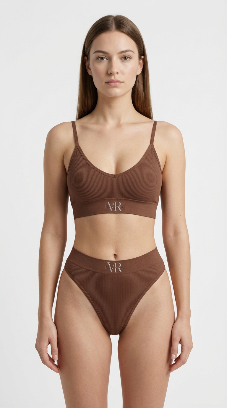 UNDERWEAR RIBBED BRALETTE SET BROWN