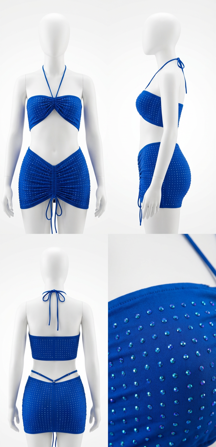 GLAMIX RHINESTONES ELECTRIC BLUE MINI SKIRTS&TOP SET