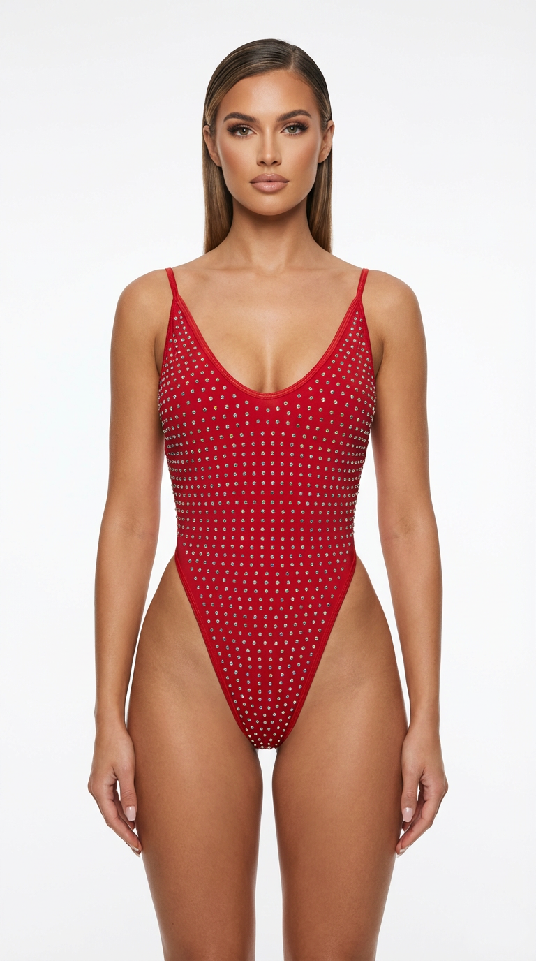 GALAXY RED AB RHINESTONES ONE-PIECE SWIMSUIT/BODYSUIT