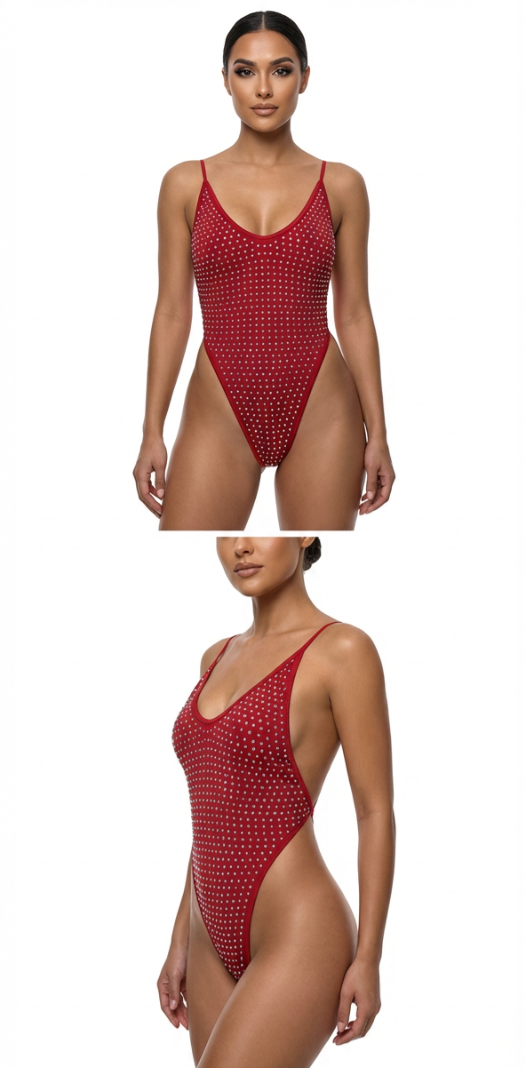 GALAXY RED AB RHINESTONES ONE-PIECE SWIMSUIT/BODYSUIT