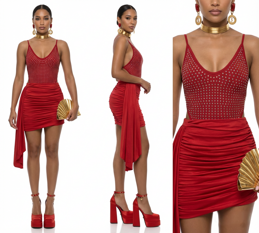 GALAXY RED AB RHINESTONES ONE-PIECE SWIMSUIT/BODYSUIT